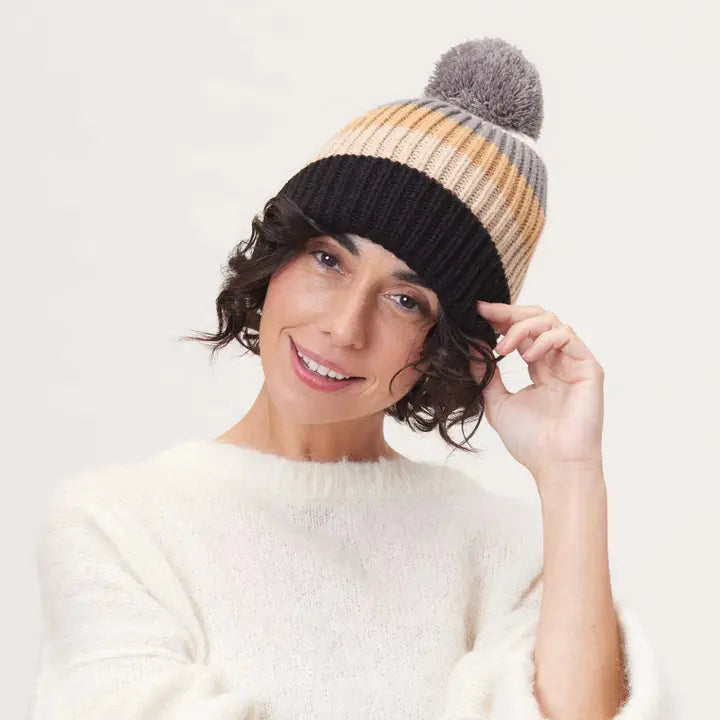 Piccadilly Black Tan Stripe Knit Beanie