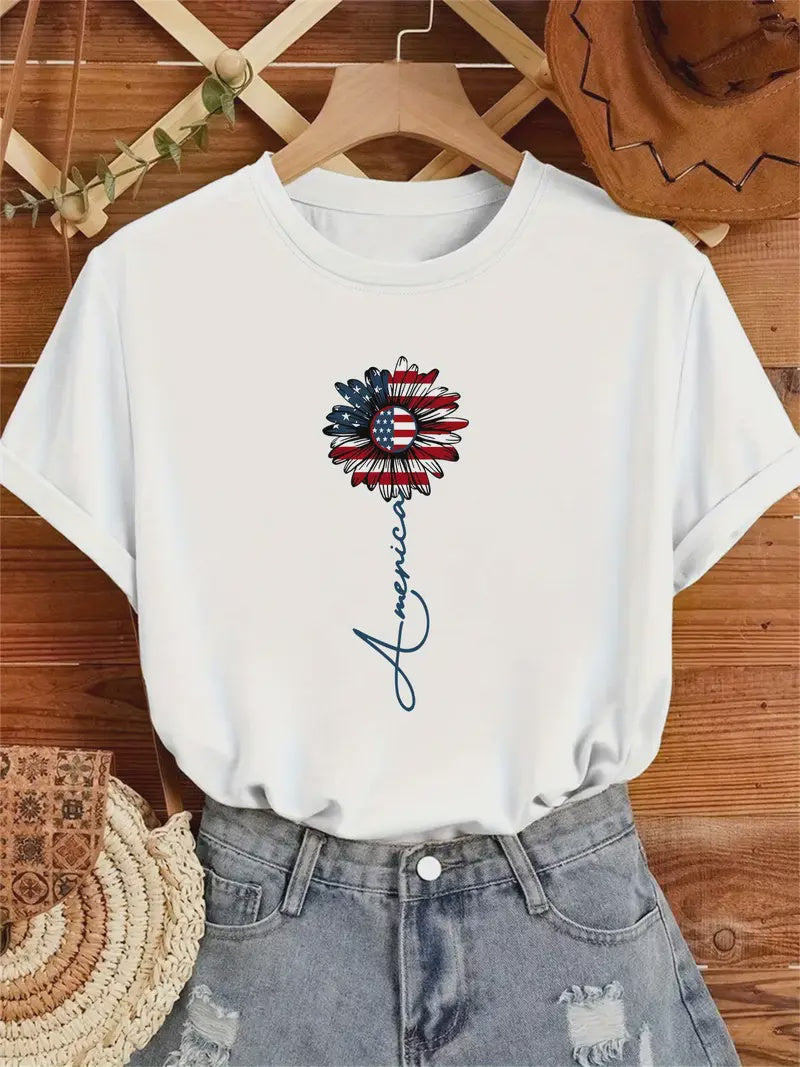 Patriotic Floral Print T-Shirt