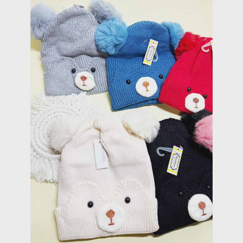 Bear Knit Beanie w/Poms