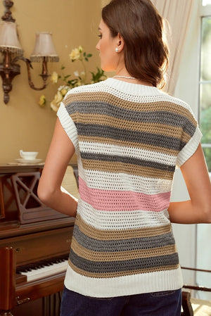 Striped Eyelet Short Sleeve Sweater