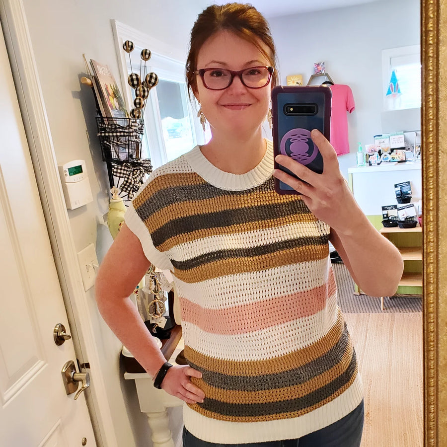 Striped Eyelet Short Sleeve Sweater