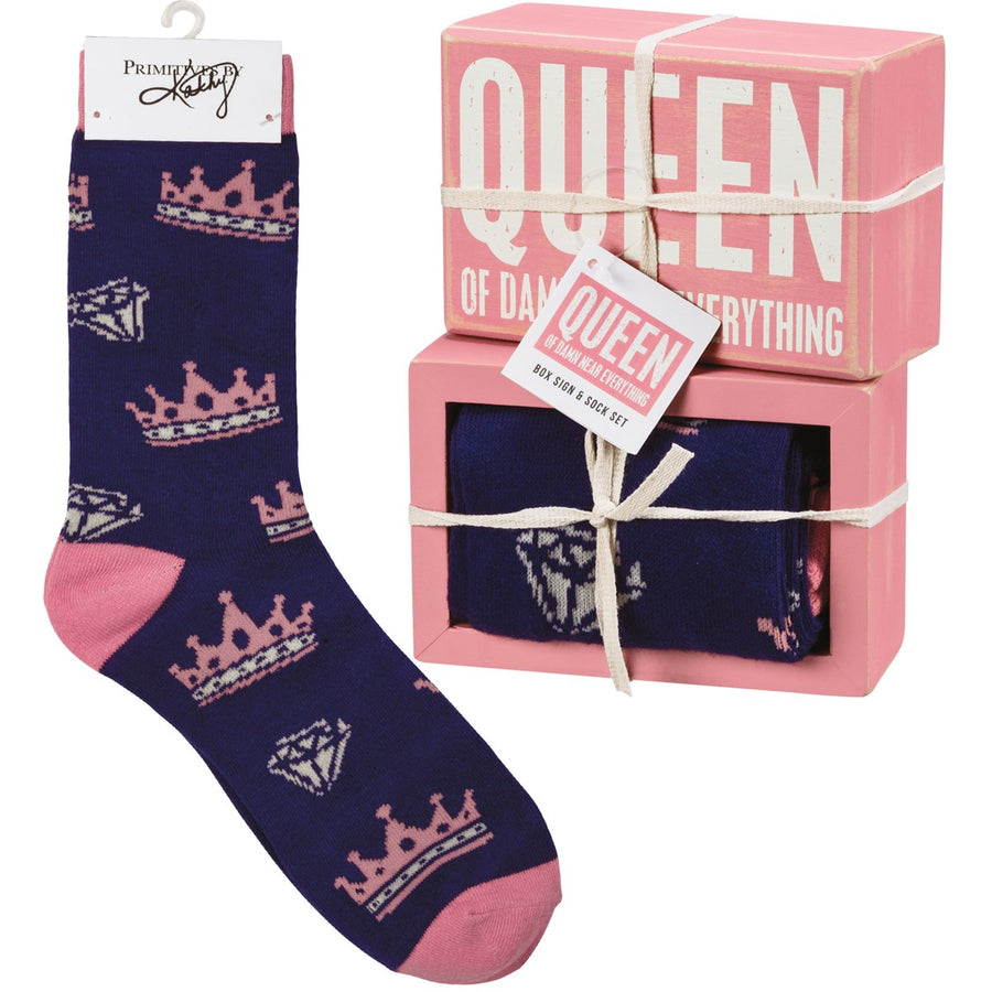 Queen of Damn Near Everything Box Sign and Socks