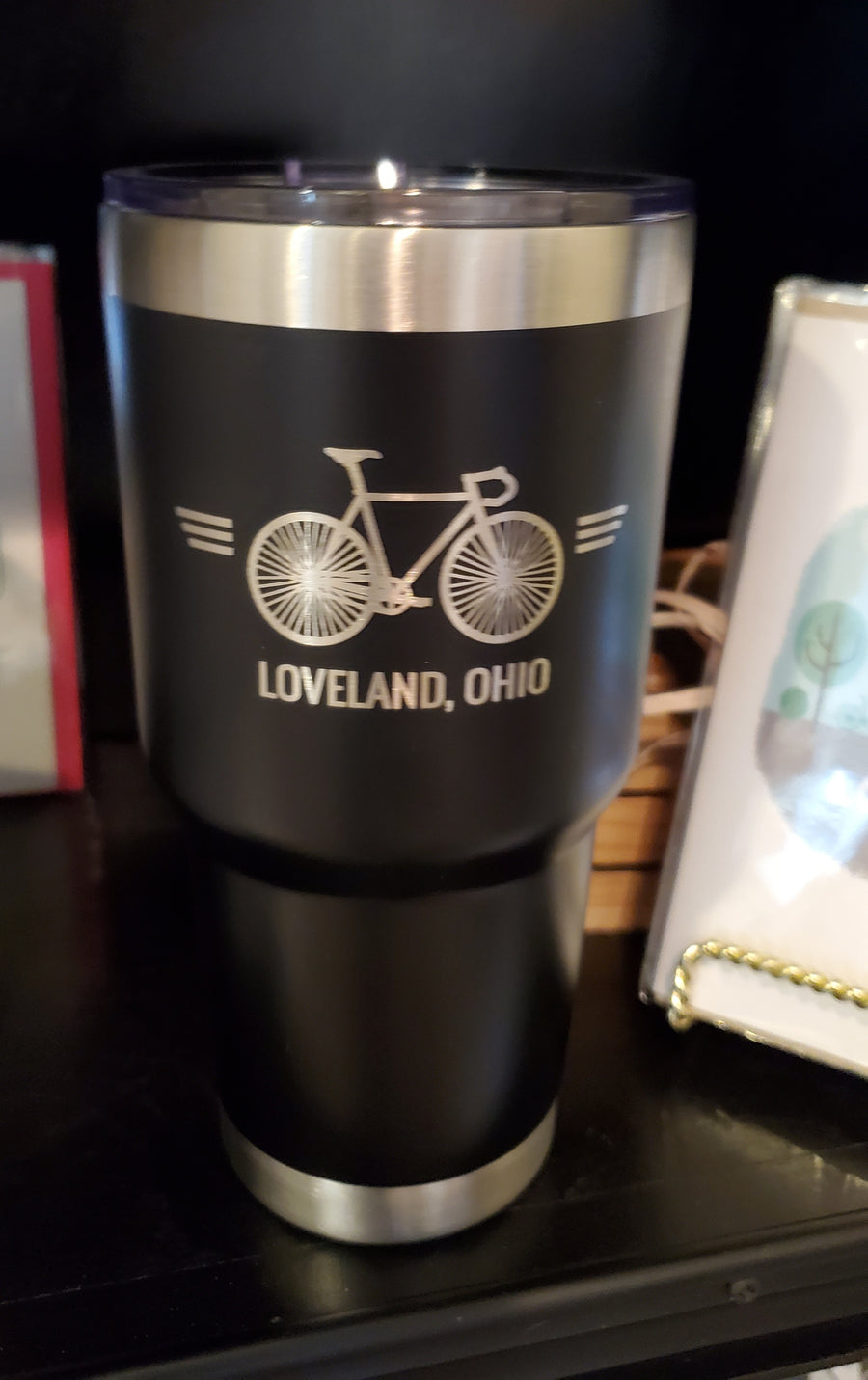 Loveland Ohio with Bike 30oz Black Mug with Lid